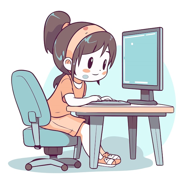 Vecteur illustration d'une fille qui utilise un ordinateur alors qu'elle est assise à son bureau