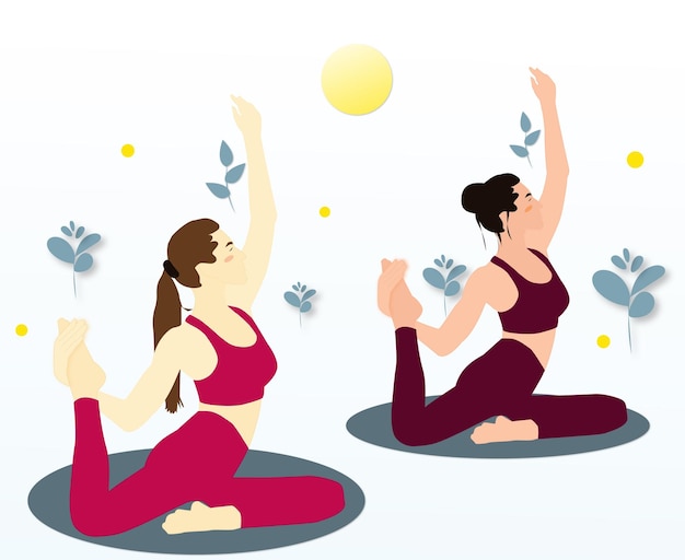 Illustration De Filles Faisant Du Yoga Et De L'entraînement En Mouvement De Fitness En Plein Air Avec Fond De Feuille