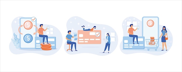 Illustration Financière. Personnages Payant En Ligne Et Recevant De L'argent Bonus Ou Une Récompense à Crédit