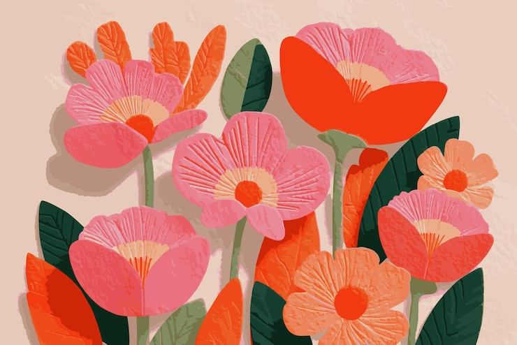 Vecteur illustration florale accrocheuse avec des fleurs rouges et roses faites de papier texturé
