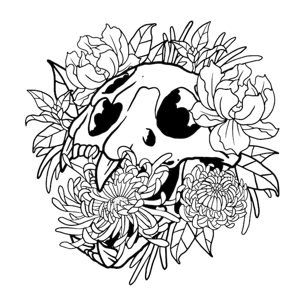 Vecteur illustration florale de crâne de chat de fleur de chrysanthème coloriage