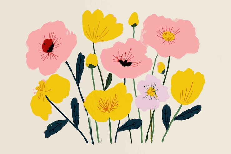 Vecteur illustration florale simple dans un style naïf avec des fleurs roses et jaunes, des tiges et des feuilles vert foncé
