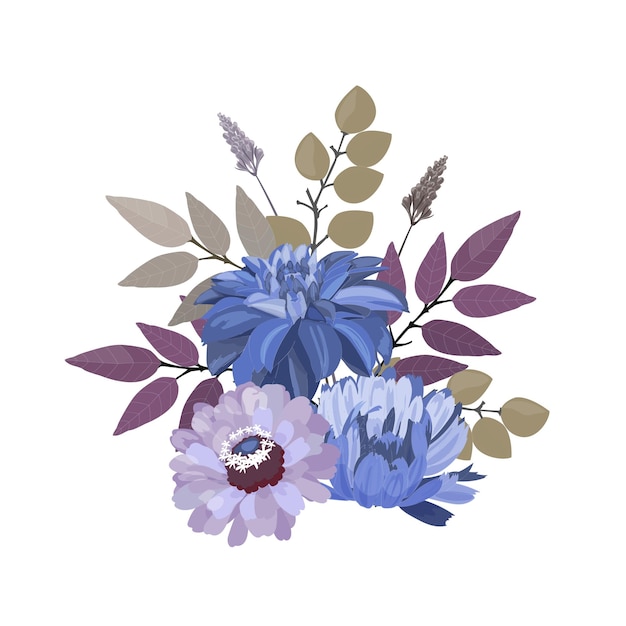 Illustration florale vectorielle Bouquet de fleurs bleues et violettes sur fond blanc