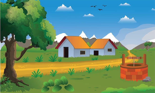 Illustration de fond de dessin animé de village avec chalet de style ancien, puits, arbres, route étroite, montagnes.