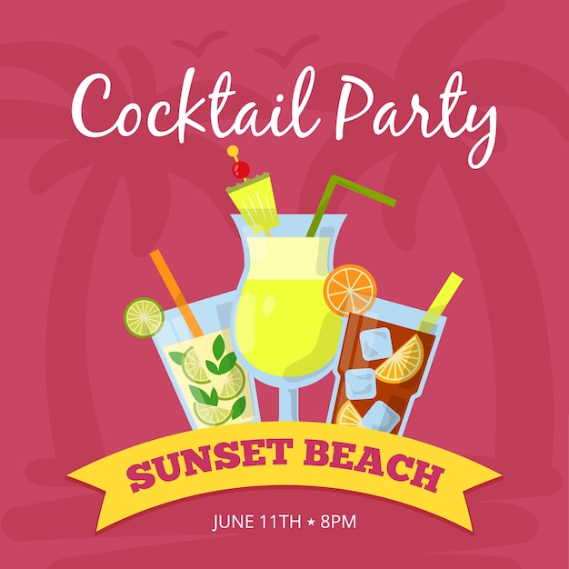 Illustration De Fond De Fête Avec Différents Cocktails. Affiche. Boire Une Bannière De Cocktail Tropical, Coucher De Soleil Sur La Plage Avec Une Boisson Fraîche