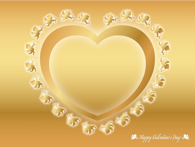 Illustration De Fond De Vecteur De Saint Valentin Avec Des Cupidons D'or Volant Autour D'un Coeur D'or.