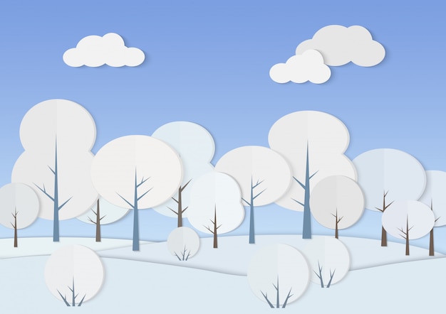 illustration de la forêt de papier carton d'arbres et d'arbustes dans la neige