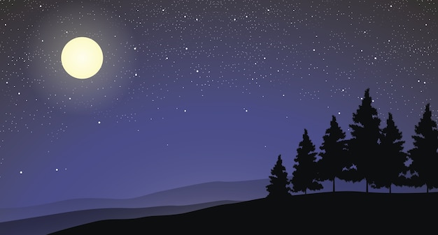 Vecteur illustration de forêt de pin sur une colline avec le clair de lune