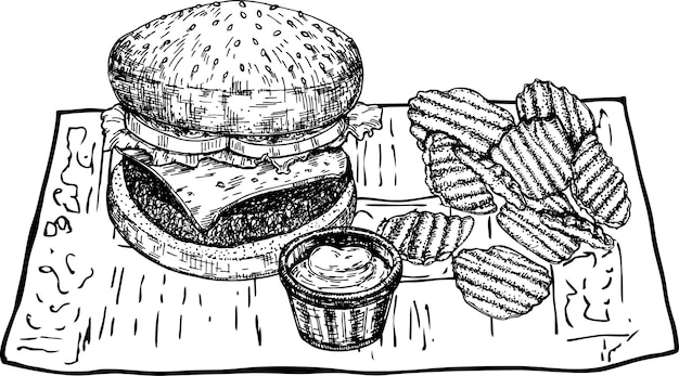 Illustration De Frites De Hamburger Et De Sauce Sur Du Papier Journal Croquis De Restauration Rapide Affiche De Dessin à La Main De Hamburger Vintage