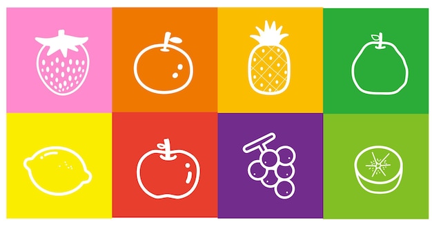 illustration de fruits, pomme, kiwi, raisin, fraise, orange, citron, ananas, etc.