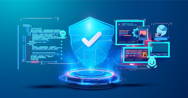 Une illustration futuriste de cybersécurité mettant en vedette un bouclier numérique avec une coche entourée de code et d'éléments d'interface Parfait pour représenter la sécurité en ligne, la protection des données et la technologie