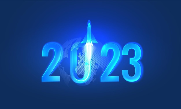 Illustration Futuriste Numérique 2023 Fusée Au Néon Sur Le Fond De La Police Du Nouvel An Affiche Rougeoyante Avec Fond De Nuit Noire