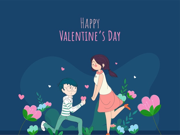 Illustration D'un Garçon Mignon Proposant Sa Petite Amie Sur Fond Bleu Floral Pour Le Concept De La Saint-valentin Heureuse.