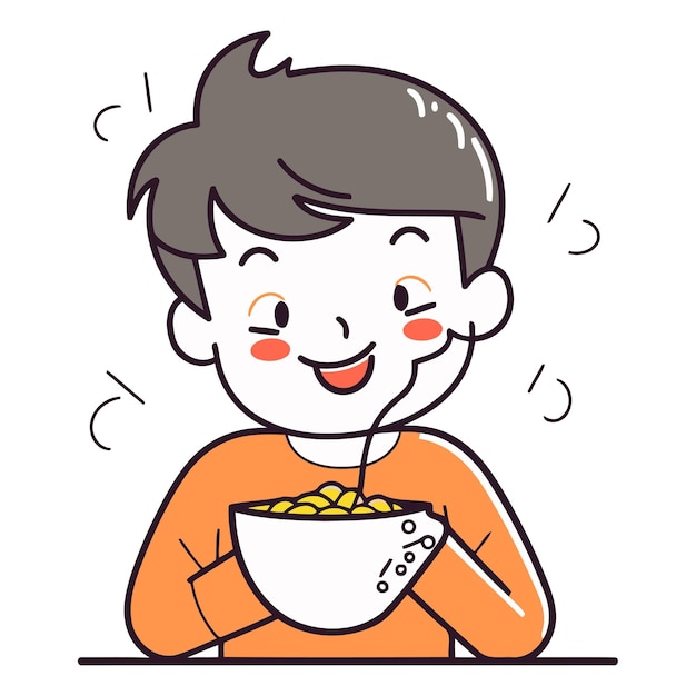 Vecteur illustration d'un garçon qui mange des flocons de maïs dans un bol