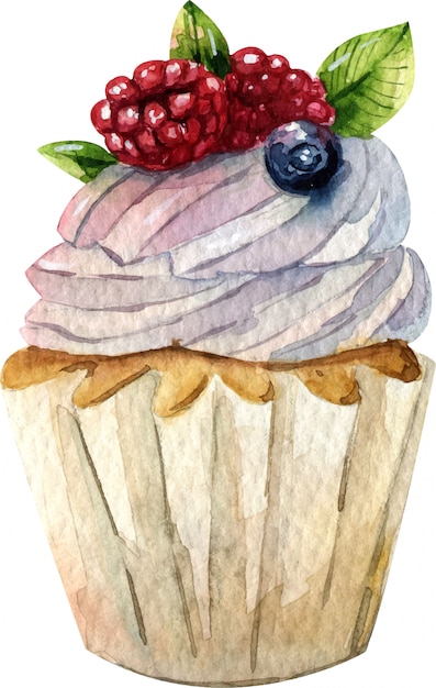 Illustration De Gâteau Dessiné Main Aquarelle. Crème, Chocolat Et Baies. Dessert Sucré.