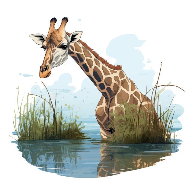 Vecteur une illustration d'une girafe qui marche sur un étang d'eau