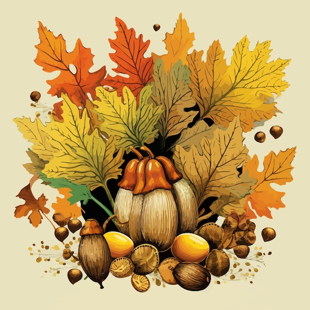 Vecteur illustration des glands, des feuilles d'automne et du ginkgo