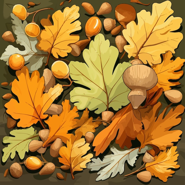 Vecteur illustration des glands, des feuilles d'automne et du ginkgo