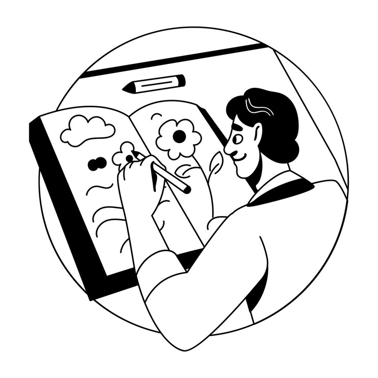 Une illustration glyphique d'un personnage dessinant à la main sur un carnet de croquis