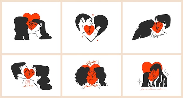 Illustration Graphique Abstraite Vectorielle Dessinée à La Main Modèle De Cartes De Saint Valentin Dessin Baiser Portrait De Couple Situé Dans La Silhouette Du Coeuramour Couple S'embrassant Ensemblevalentine Beau Concept De Design