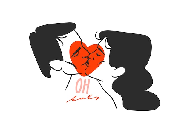 Illustration Graphique Abstraite Vectorielle Dessinée à La Main Modèle De Cartes De Saint Valentin Dessin Baiser Portrait De Couple Situé Dans La Silhouette Du Coeuramour Couple S'embrassant Ensemblevalentine Beau Concept De Design