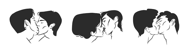 Illustration Graphique Abstraite Vectorielle Dessinée à La Main Modèle De Cartes De Saint Valentin Dessin Baiser Visage De Couple Gay Ensemble En Silhouette De Coeur