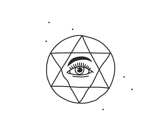 Illustration Graphique à Plat De Stock Abstrait De Vecteur Dessiné à La Main Avec Le Dessin Au Trait D'élément De Logo D'oeil Occulte Dans L'étoile Et Le Cercle Dans Un Style Simple Pour La Marque, Isolé Sur Fond Blanc.