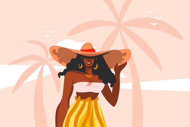 Vecteur illustration graphique stock abstraite dessinée à la main avec une jeune femme de beauté noire heureuse en maillot de bain sur la scène de la vue du coucher du soleil sur la plage sur fond pastel rose