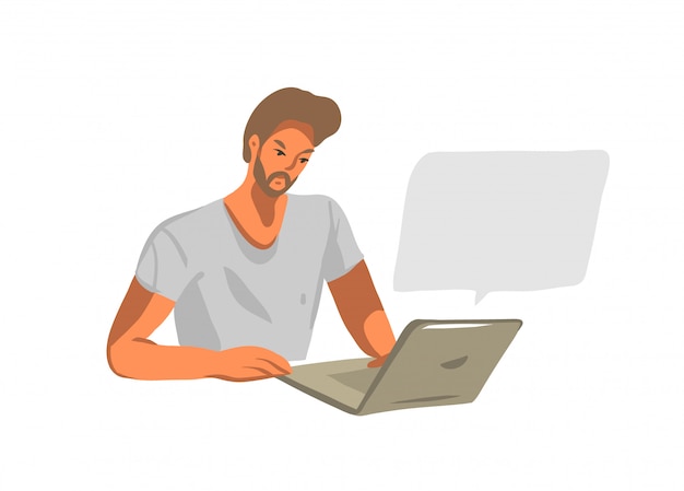 Illustration graphique stock abstraite dessinée à la main avec de jeunes hommes travaillant ou discutant sur un ordinateur portable sur fond blanc