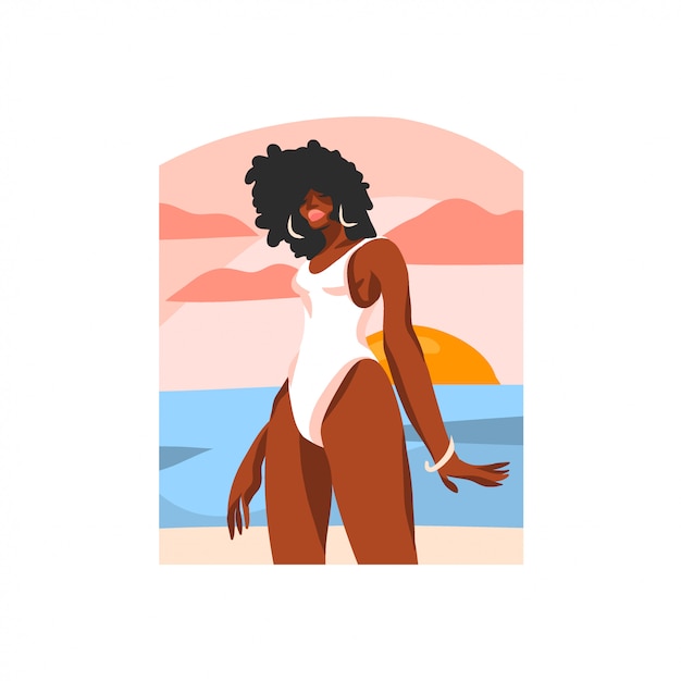 Vecteur illustration graphique de stock abstraite dessinés à la main avec une jeune femme de beauté noire heureuse, en maillot de bain sur la scène de vue au coucher du soleil sur fond blanc