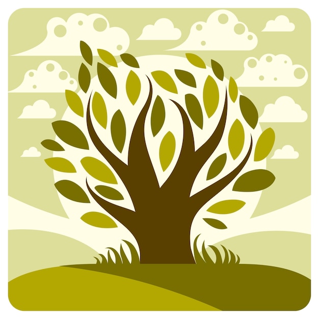 Illustration graphique vectorielle d'art d'un arbre stylisé et d'un paysage printanier paisible avec nuages et soleil levant, vue sur la campagne. Peut être utilisé dans le thème de la conservation de l'environnement.