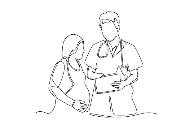 Illustration graphique vectorielle de dessin en ligne unique du médecin et du patient