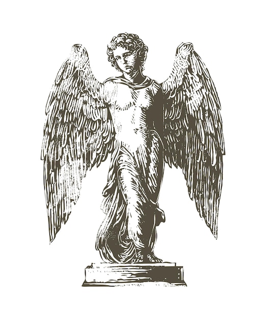 Vecteur illustration de gravure sur bois dessinée à la main par vecteur d'un ange aux ailes