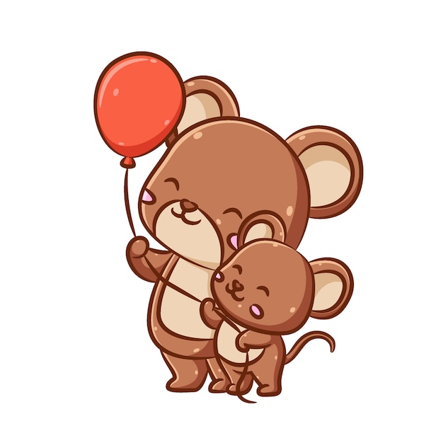 L'illustration De La Grosse Souris Mignonne Tient Les Ballons Rouges Et Joue Avec La Petite Souris