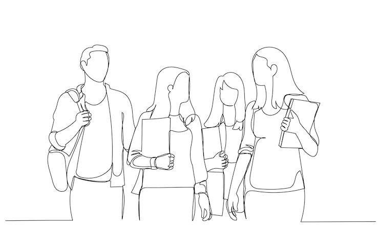 Vecteur illustration d'un groupe d'étudiants marchant ensemble style d'art en ligne unique
