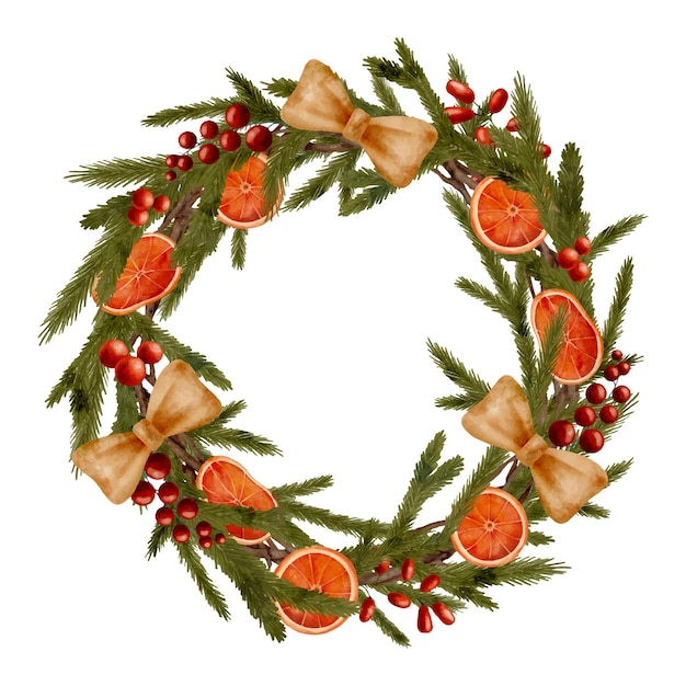 Vecteur illustration de guirlande de noël à l'aquarelle avec des branches de sapin, des baies d'hiver rouges et des tranches d'orange séchées