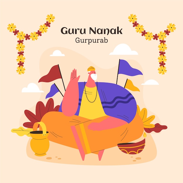 Vecteur illustration de gurpurab plat gourou nanak