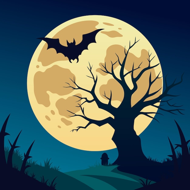 Une illustration d'Halloween d'un arbre et d'une chauve-souris avec une lune pleine en arrière-plan