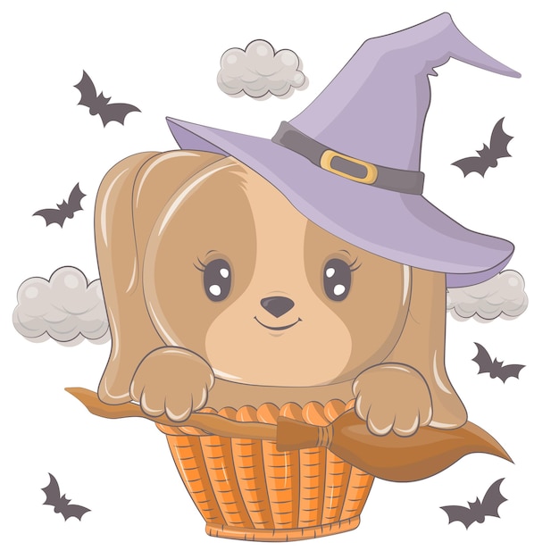 Illustration d'Halloween d'un chien avec un balai. Illustration vectorielle d'animal d'Halloween.