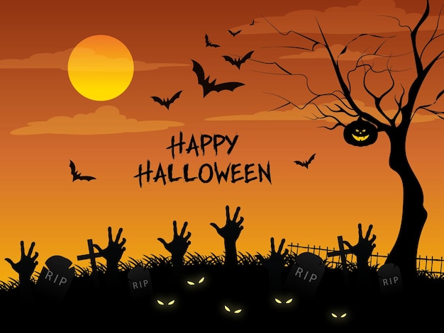Illustration d'Halloween d'un cimetière avec des mains de zombies