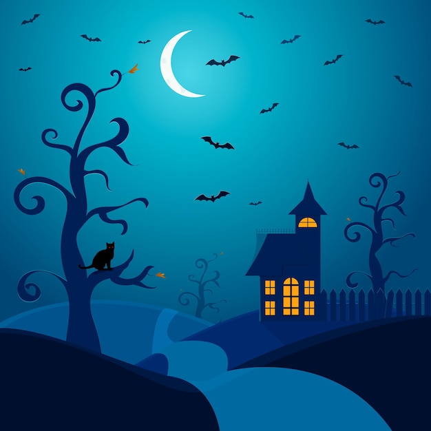 Vecteur illustration d'halloween. composition simple. couleurs sombres. chauves-souris, chat et la lune. loger.
