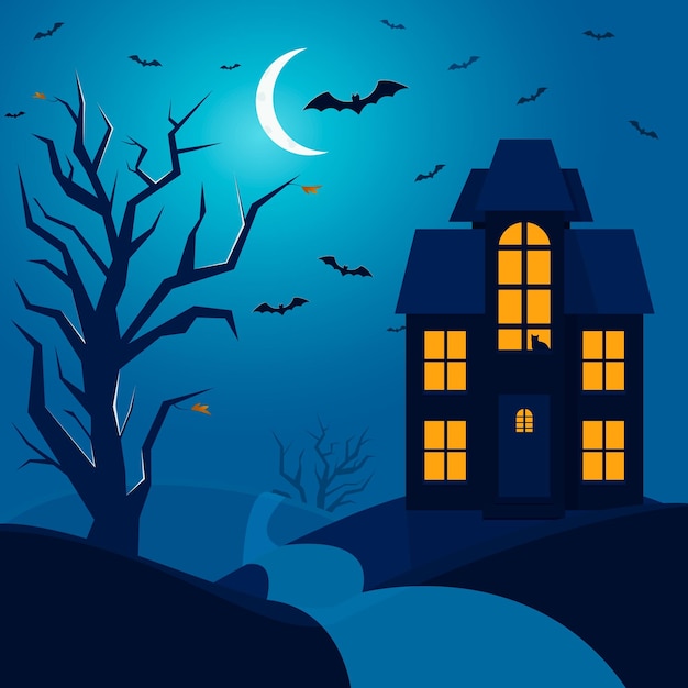 Illustration d'Halloween. Composition simple. Couleurs sombres. Les chauves-souris et la lune.