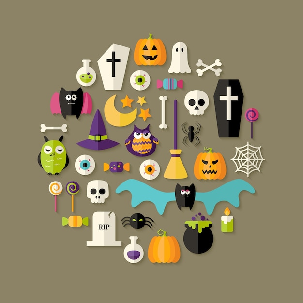 Illustration D'halloween Flat Icons Set Over Dark Brown