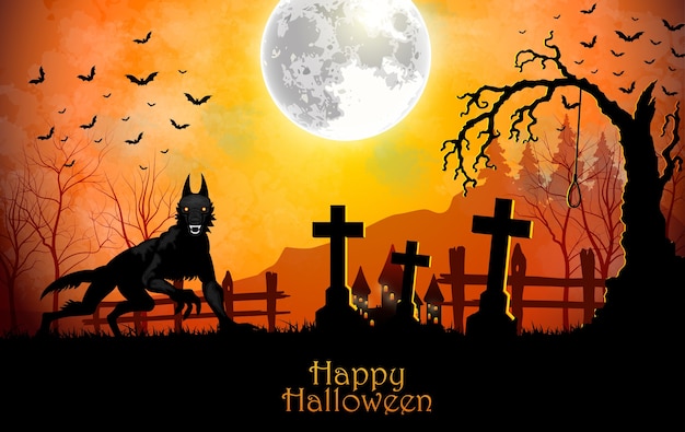 Illustration d'halloween avec loup noir dans le cimetière