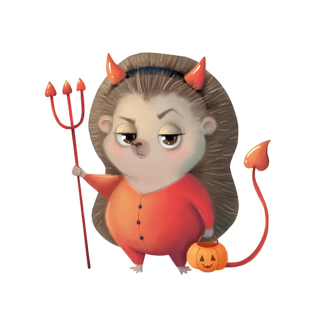 Illustration D'un Hérisson D'halloween De Dessin Animé Mignon Portant Un Costume De Diable Animaux D'halloween