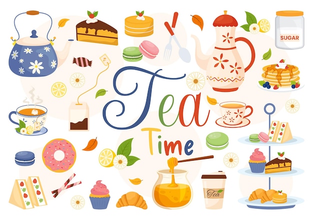 Illustration de l'heure du thé avec une tasse de boisson chaude et des biscuits généralement faits entre les repas