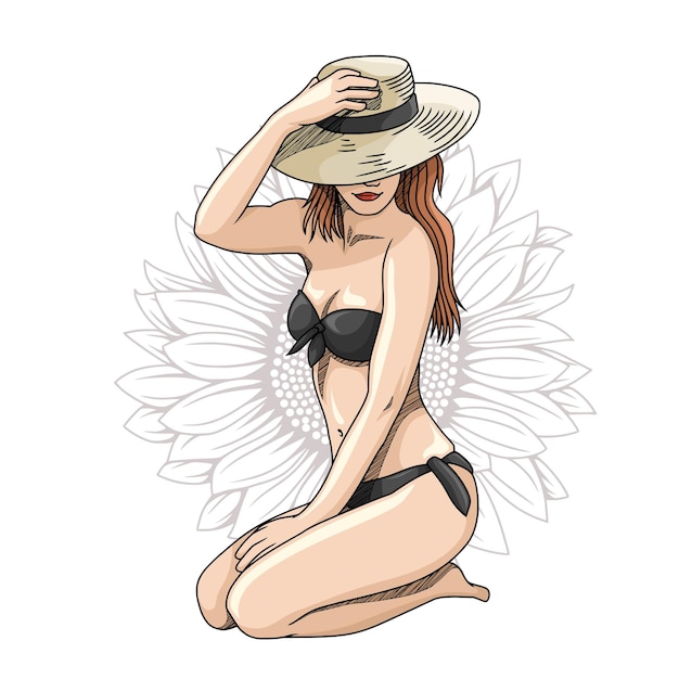 Vecteur illustration de l'heure d'été dessinée à la main avec une fille relaxante dans un chapeau de paille