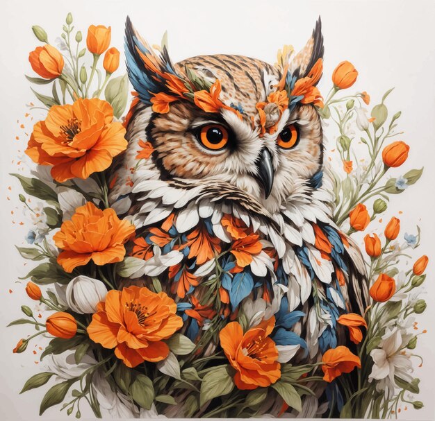Illustration D'un Hibou Avec Des Fleurs Orange, Des Lys Et Des Coquelicots Vecteur