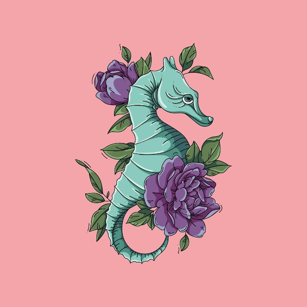 Vecteur illustration hippocampe avec des fleurs