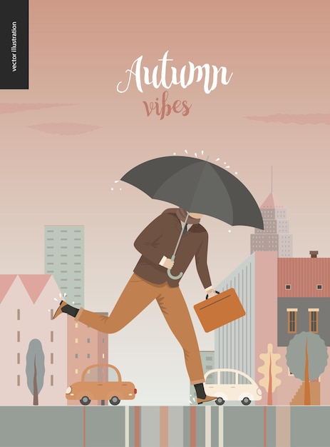 Vecteur l'illustration d'un homme adulte portant un costume avec un parapluie et une valise courant sous la pluie dans la rue devant les maisons et les voitures de la ville